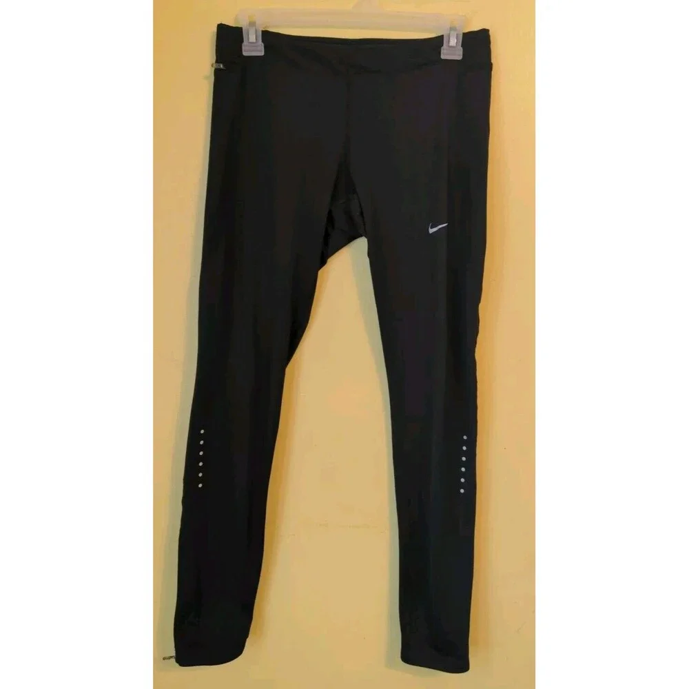 Nike Dri-Fit Running Athletic Leggings Womens M Black Side Zip Pocket Pull On